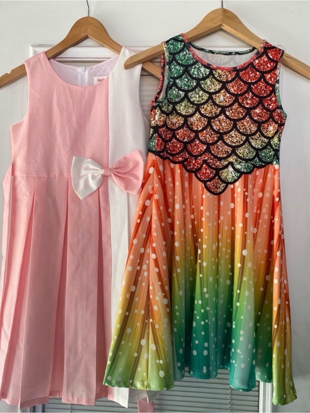 Bundle (2) Girls Dress Sunny Fashion Pink Bow Dress & Rainbow Mermaid Print